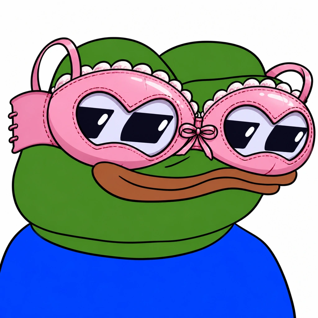 Braindfold Pepe wearing pink heart-shaped bra goggles